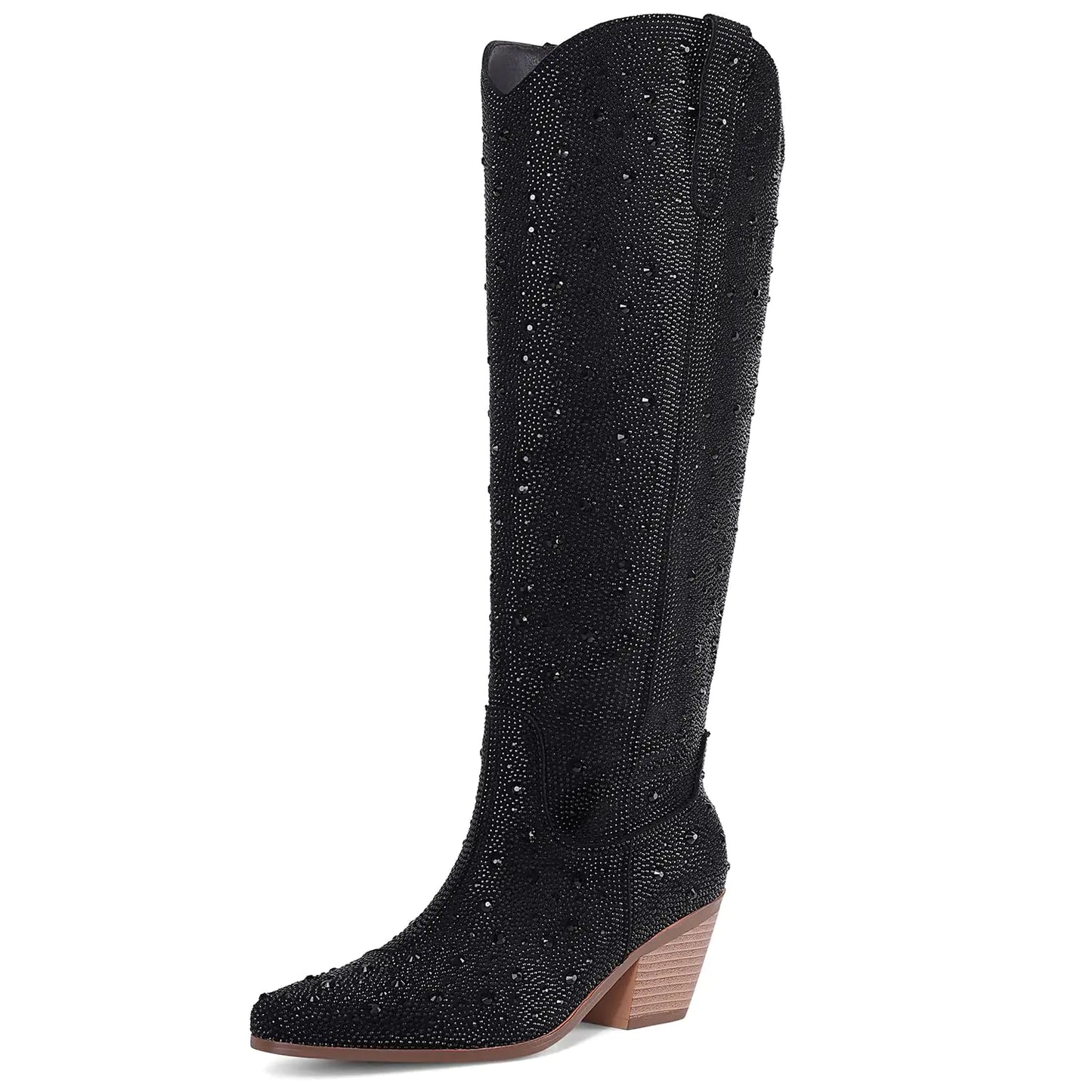 RONILURN Women Rhinestone Cowgirl Boots Cowboy Knee High Boots Sparkly Glitter Western Boots Bling Pointed Toe Chunky Heel Side Zippers Pull On
