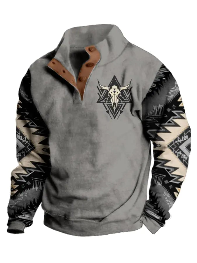 DMOYALA Mens Western Sweatshirts Aztec Cowboy Vintage Graphic Sweatshirts Casual Long Sleeve Button Up Pullover Sweater Big and Tall Western Aztec Sweatshirt aztec western vintage tan 3XL