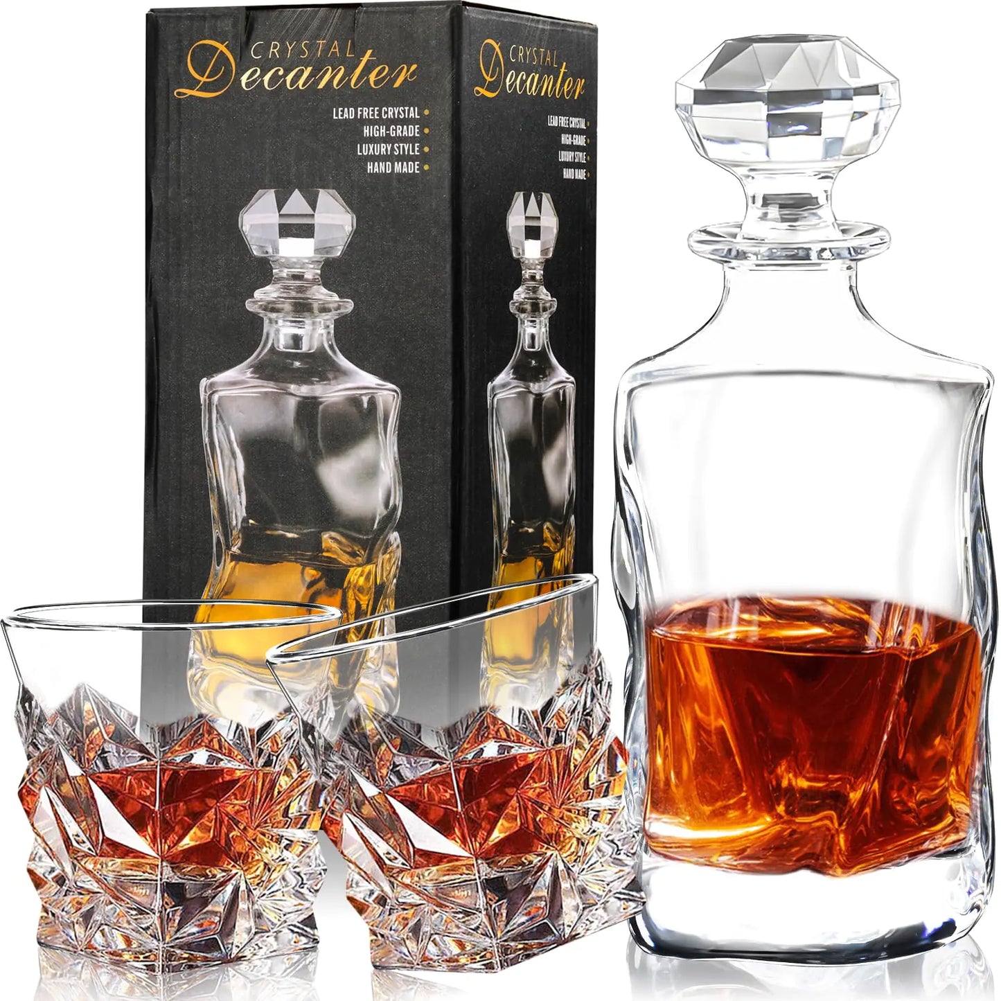 Whiskey Decanter Set for Men 25 oz Crystal Decanter Set with 2 Crystal Glasses Non-Lead Whiskey Glass Decanter Set Fit Whiskey&Bourbon Gift for Men Dad Boyfriend Anniversary Housewarming Christmas