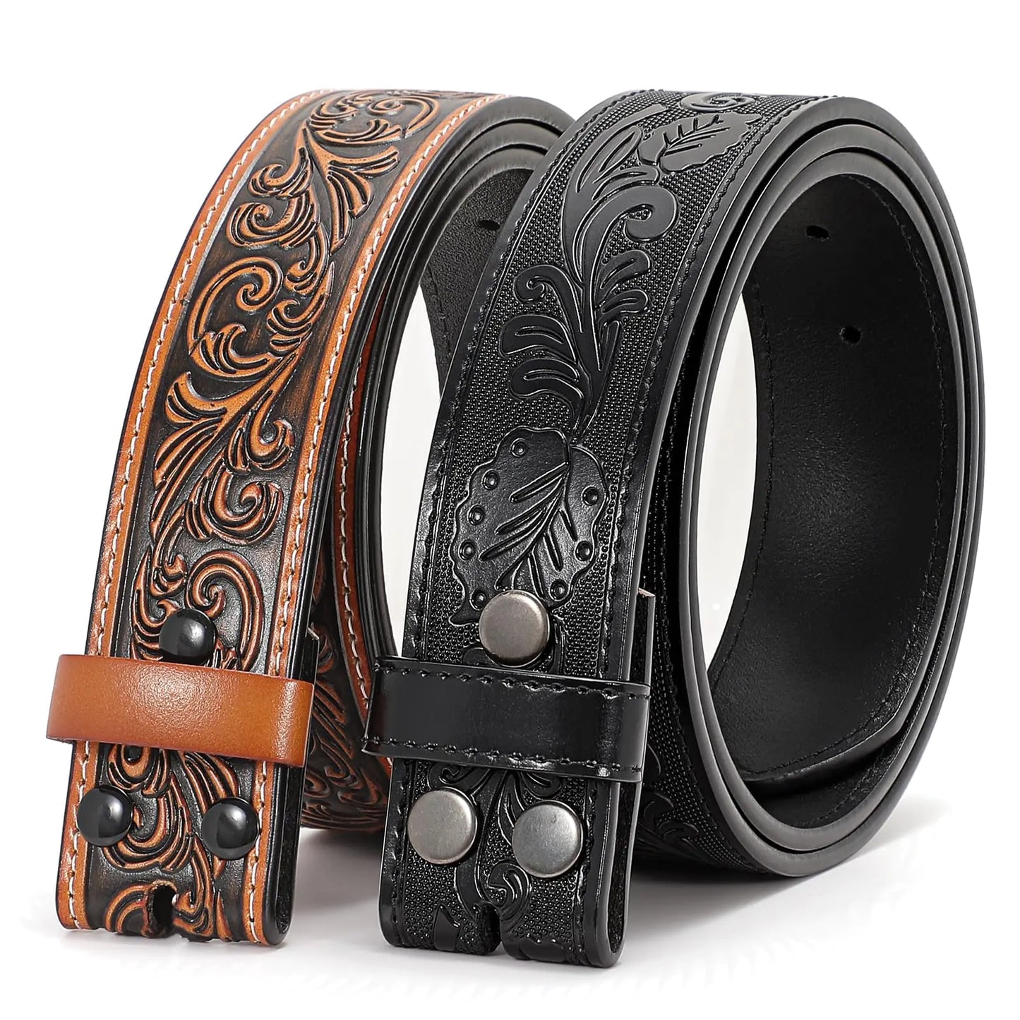SANSTHS 2 Pack Western Belts without Buckle for Men Cowboy Belt for Buckle Western Leather Belt Straps for Jeans Floral Brown & Black