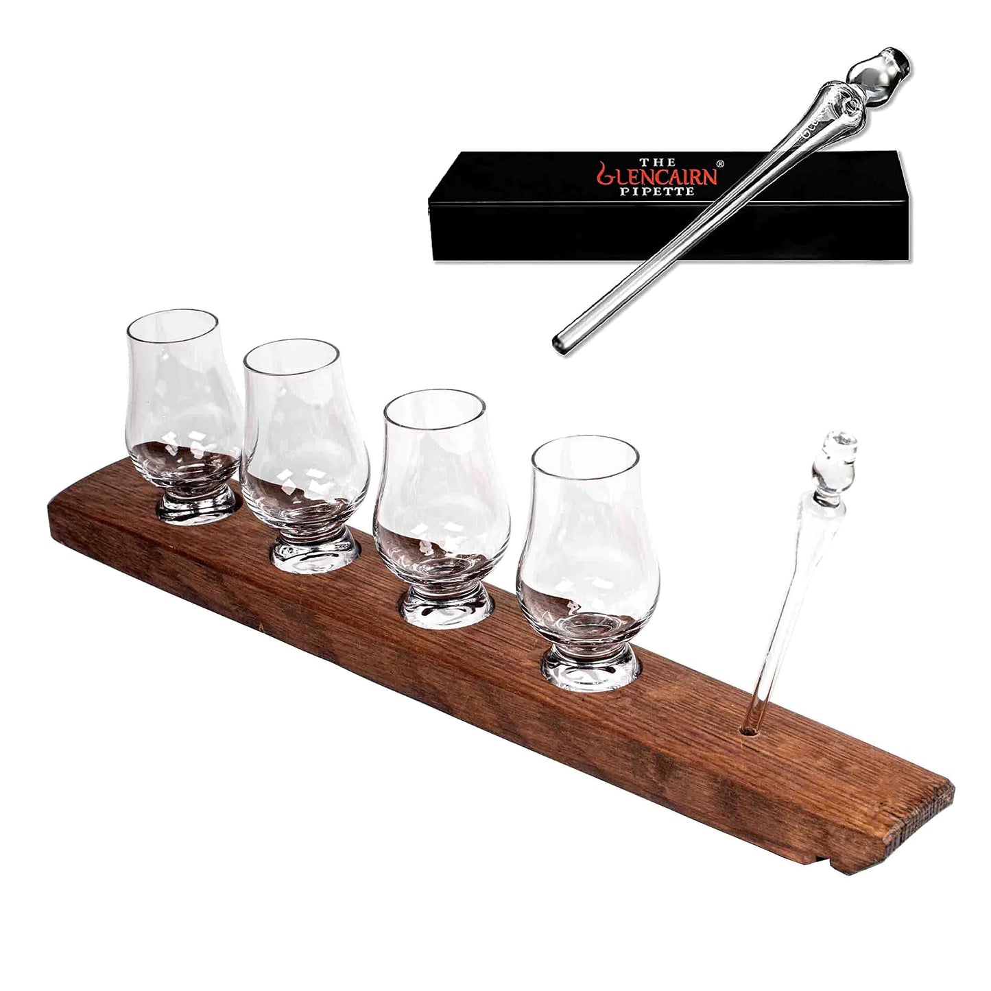 The Wee Glencairn Whiskey Flight Stave - Crystal Bourbon Glass Kit with Reclaimed Oak Barrel Stave Serving Tray Mini Glen Cairn Whisky Glass Set of 4 & Whiskey Glass Pipette Dropper