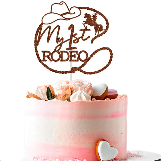 LHUBA My 1st Rodeo Cake Topper First Birthday Cake Decor Little Cowboy Western Cowboy Party Cake Decorations Brown Glitter