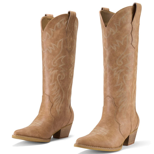 Rollda Cowboy Boots for Women Cowgirl Boots Embroidered Knee-High Western Boots Pointy Toe with Chunky Heel Tan Size 8