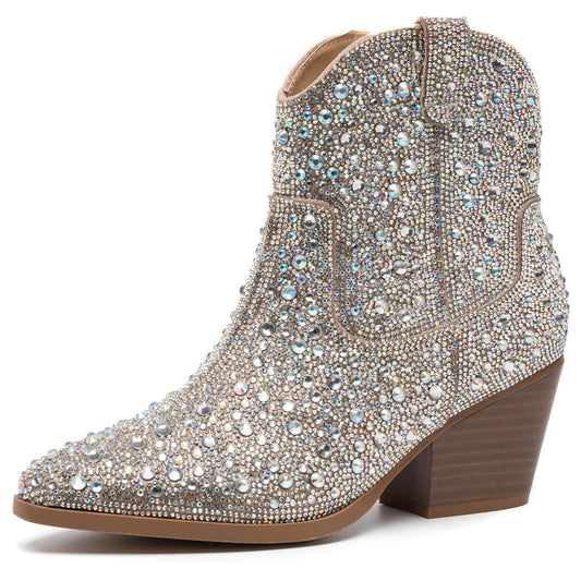 YAYONE Rhinestone Zipper Sparkly Ankle Boots - Silver Glitter Pointed Toe Fashion Comfortable Shoes Pull on Chunky Heel Western Boots