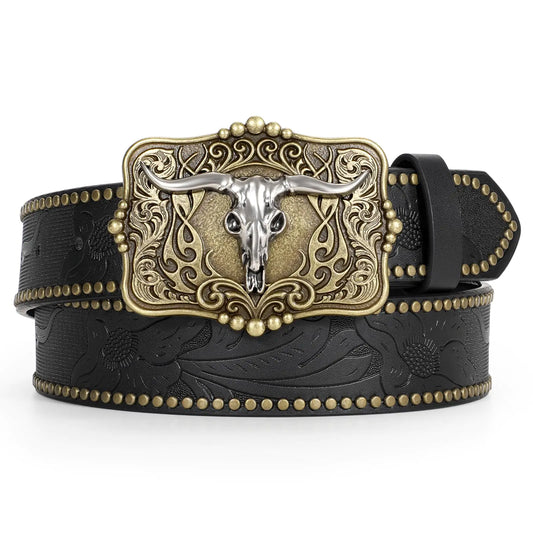 TRIWORKS Western Belt for Men Women Cowboy Leather Belt Western Buckle Belt Western Engraved Belt Embossed Leather Belt