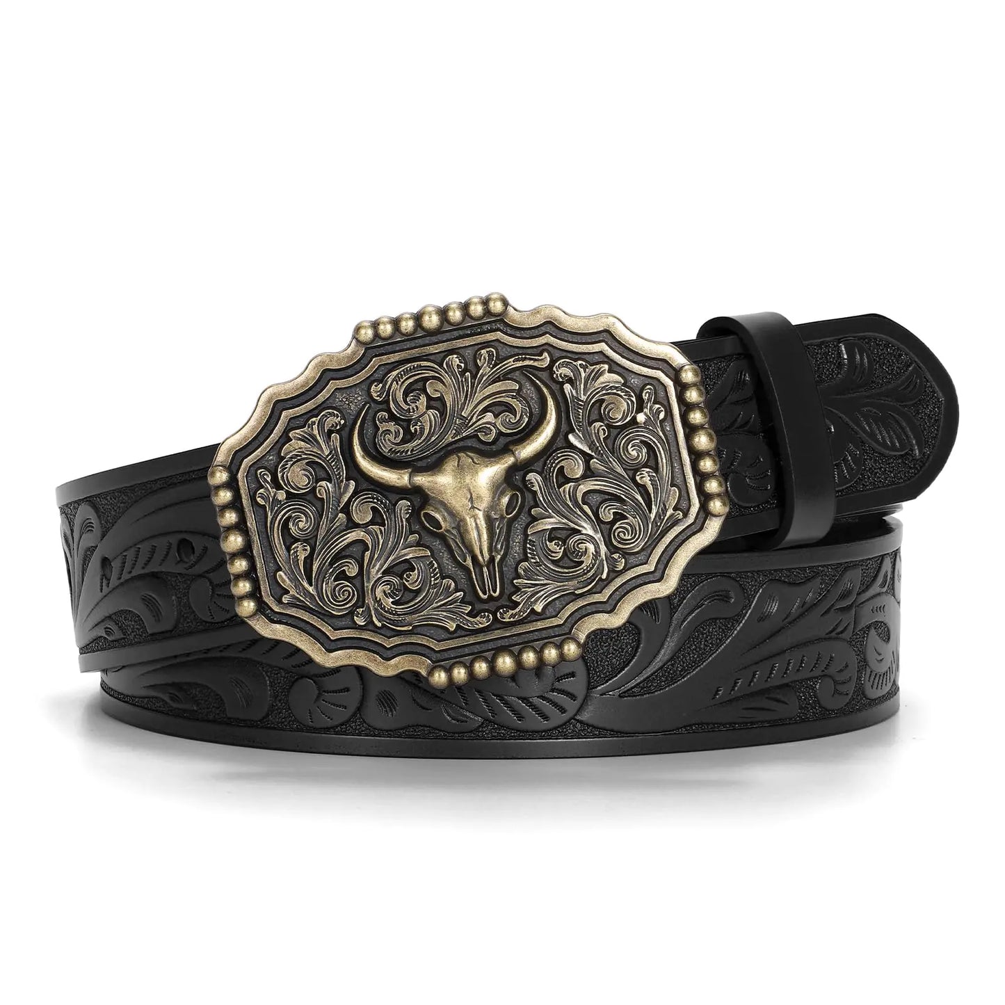 LALATCH Western Belts for Woman Men Cowboy Cowgirl Belt Embossed Western Country Bull Buckle Leather Belts for Jeans Gold Bull Buckle/Black