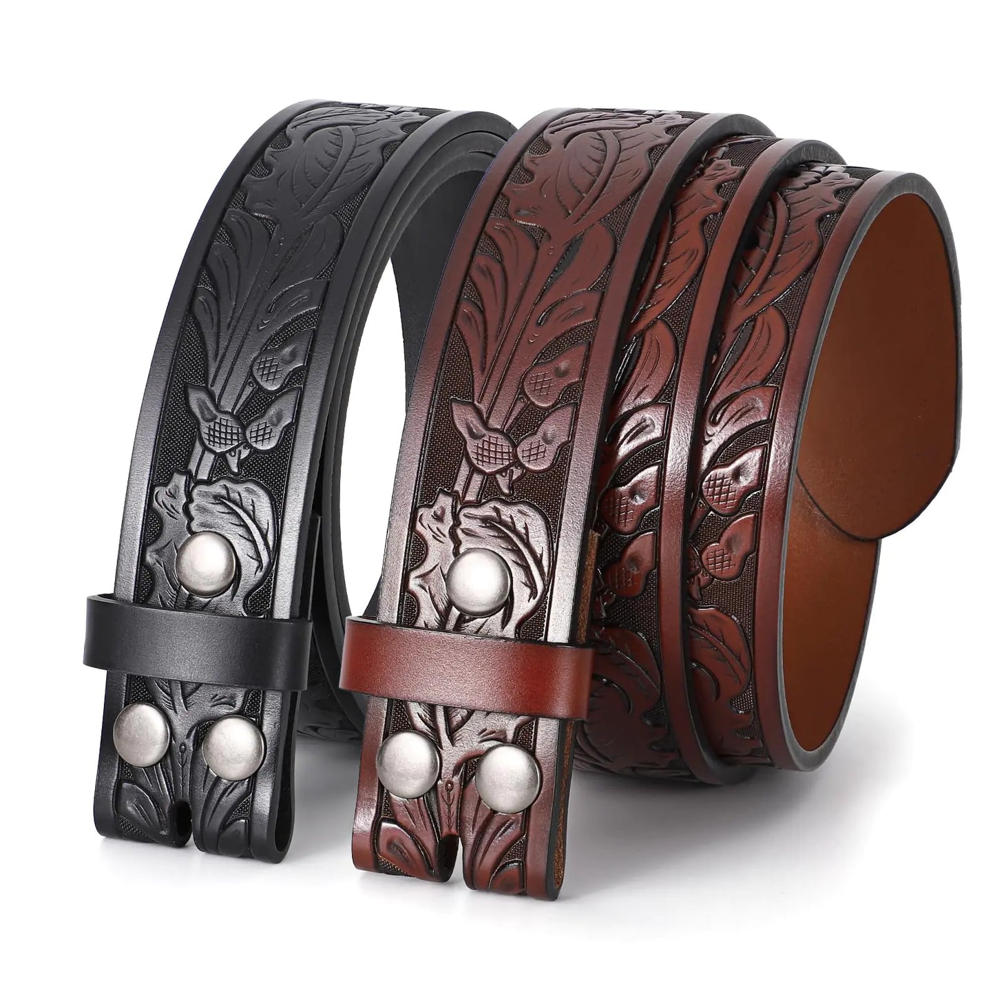 LALATCH Mens Western Cowboy Belt 2 Pack Western Belts without Buckle for Men Woman Cowgirl Leather Jeans Belt Black+Brown