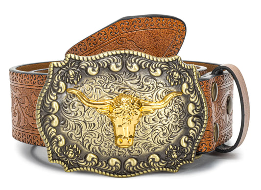 YCMI Western Cowboy Belts for Men Women - Bull Buckle Vintage Floral Engraved Belt for 25 to 38" waist