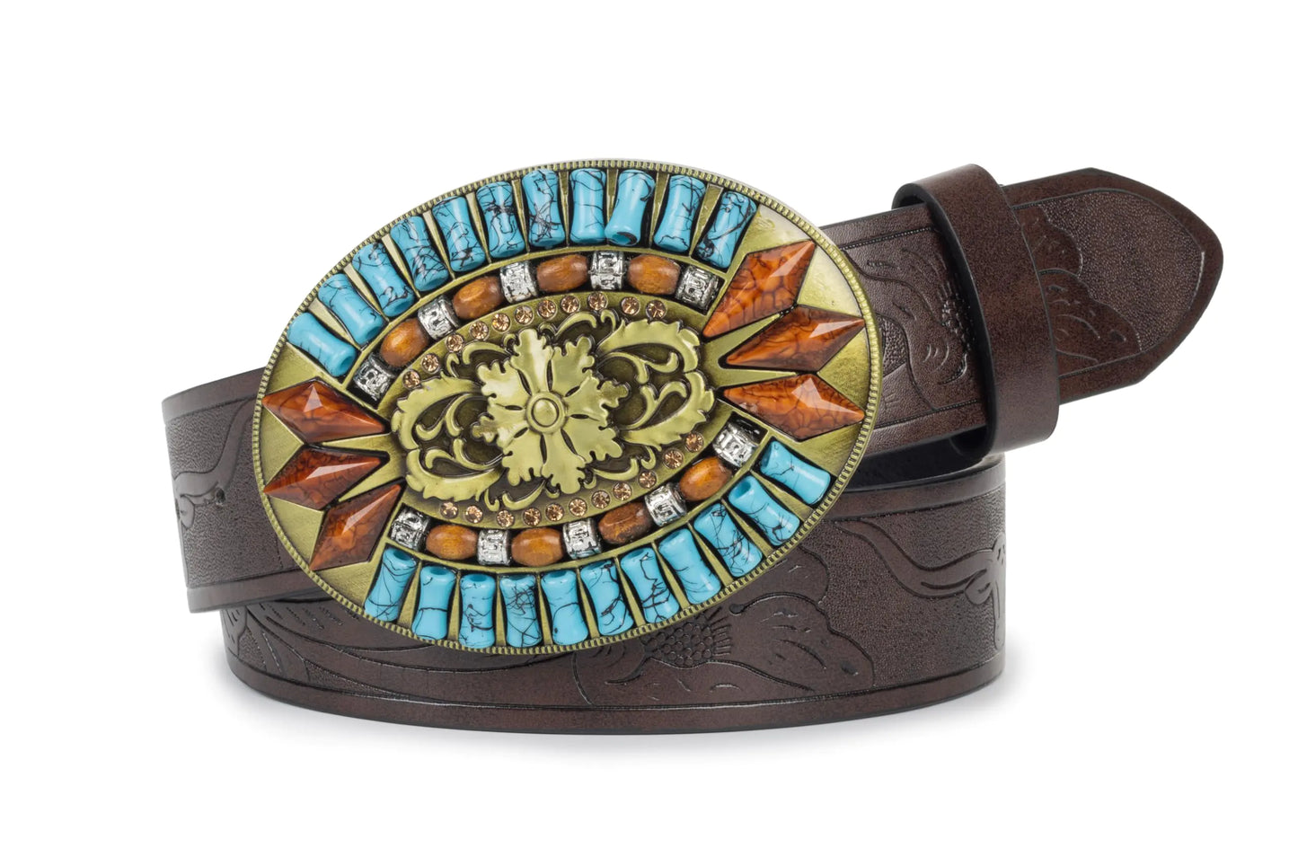INOGIH Western-Leather-Belts-Women Vintage Waist-Belts with Hollow Out Flower Buckle