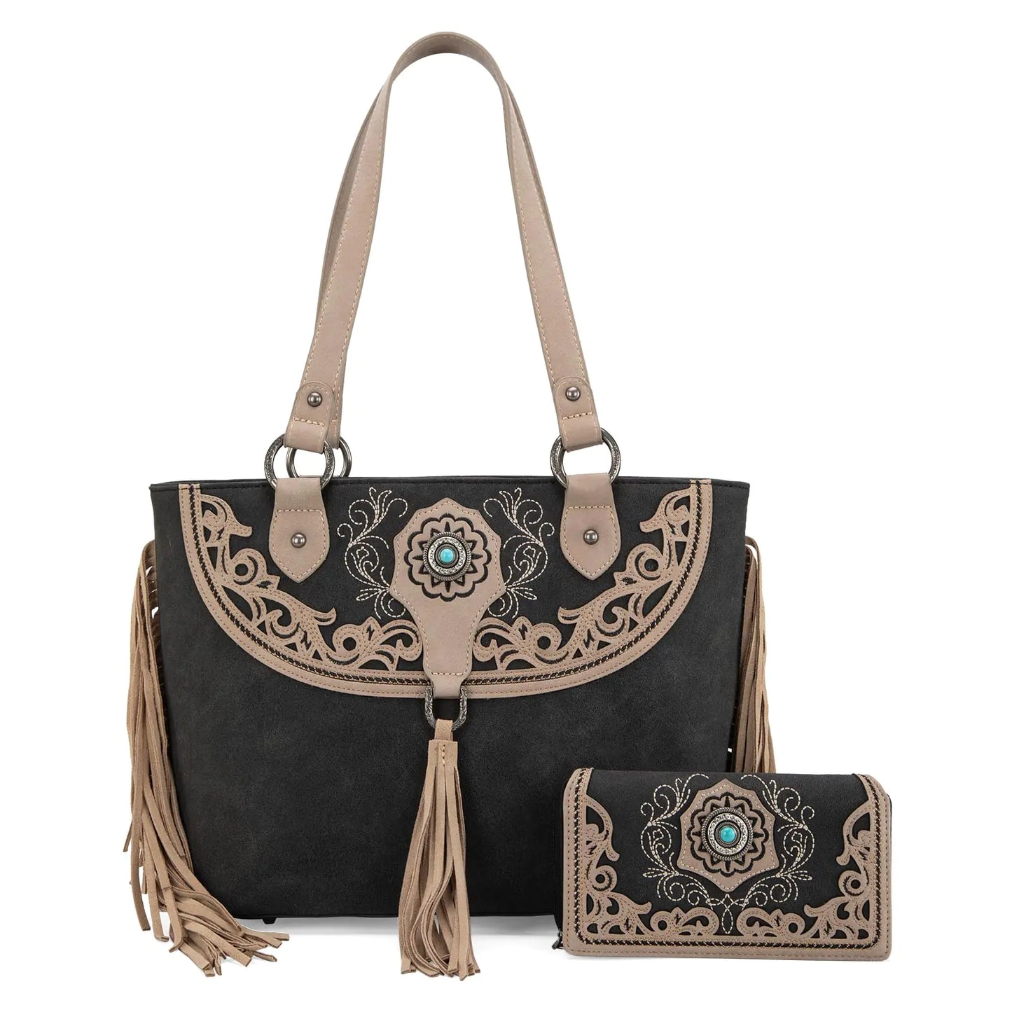 Montana West Western Tote Bag for Women Cut-Out Embroidered Handbags with Fringe Western Handbags and Wallet Set MW1307G-8317WBK