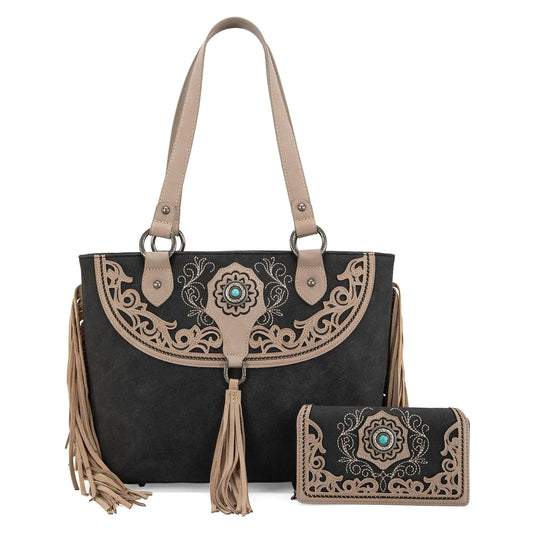 Montana West Western Tote Bag for Women Cut-Out Embroidered Handbags with Fringe Western Handbags and Wallet Set MW1307G-8317WBK