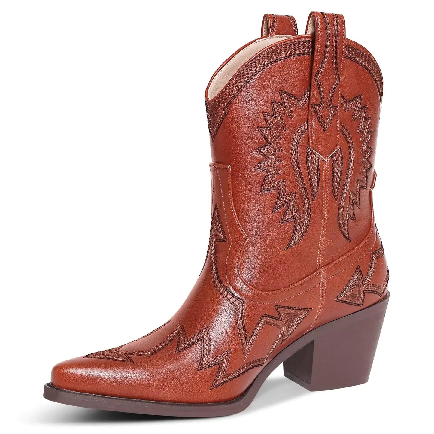 HOCHFART Western Boots for Women Metallic Embroidered Pointed Toe Cowgirl Boots Chunky Heel Pull-On Short Cowboy Boots Wide Calf Country Ankle Boots