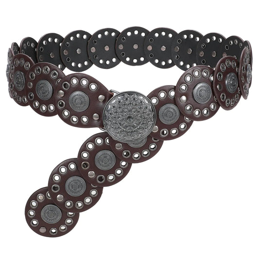 WHIPPY Western Belts for Women Vintage Disc Waist Belts Concho Leather Belts Boho Waist Belt for Dress Jeans Coffee S