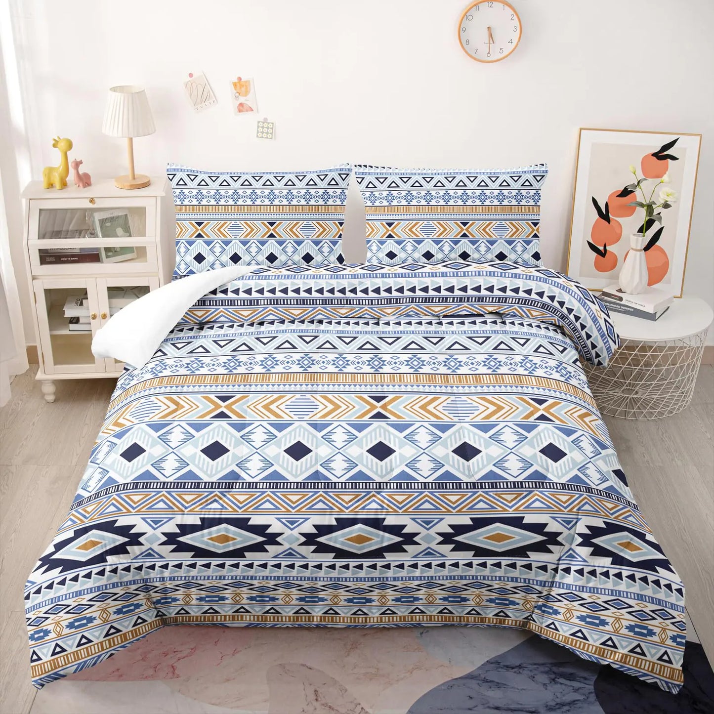 Nttopship Native American Stripe Comforter Set Queen Size Blue Western Bedding Sets 3PCS for Kids Teen Adult Room Decor Ultra-Soft Lightweight Microfiber 1 Comforter with 2 Pillowcases