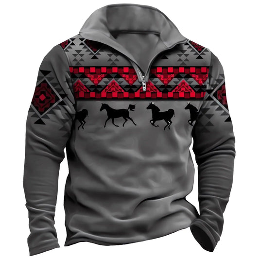 DMOYALA Mens Tribal Aztec Cowboy Sweatshirt Fall Retro Ethnic Western Half Zipper Pullover Vintage 3D Printed Hoodies Western Casual Long Sleeve Warm Western Jackets for Men